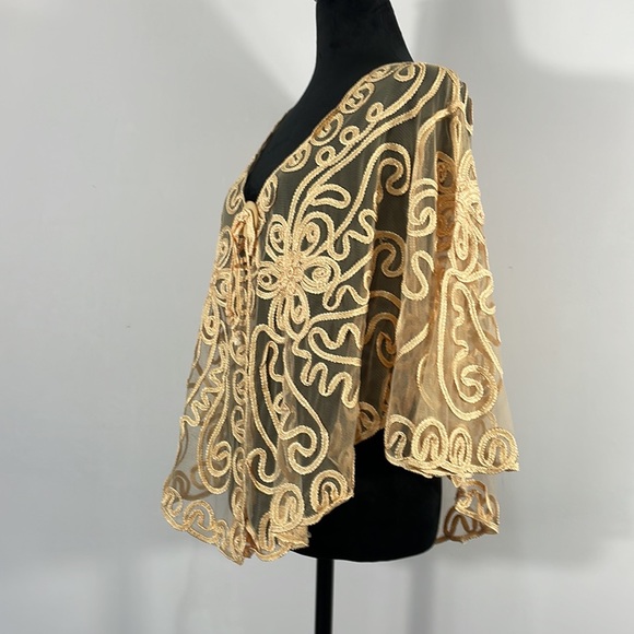 Pretty Angel Tops - Pretty Angel Embroidered, Lace, Butterfly, Cape,Bolero,Cardigan,Gold,Cream,OS